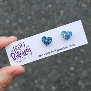 Heart Studs - Blue Mix