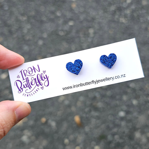 Heart Studs - Fine Blue Glitter