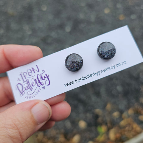 Circle Studs - Black Glitter 12mm